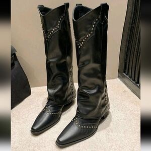 Vintage Riveted High Tube Boot, French Western And Knight-Style Women's Boot